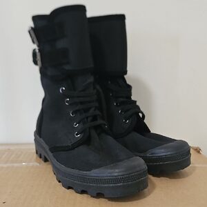 Valentino RED Black Canvas Lace Up Lug Sole Boots